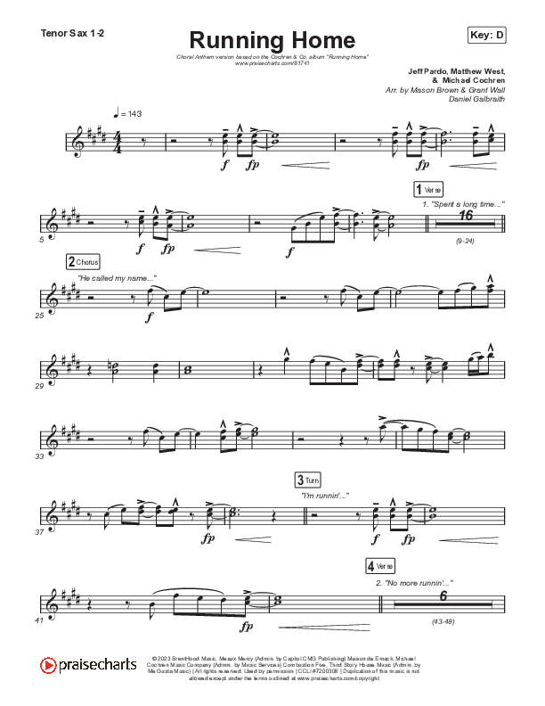 Running Home (Choral Anthem SATB) Tenor Sax 1,2 (Cochren & Co / Arr. Mason Brown)