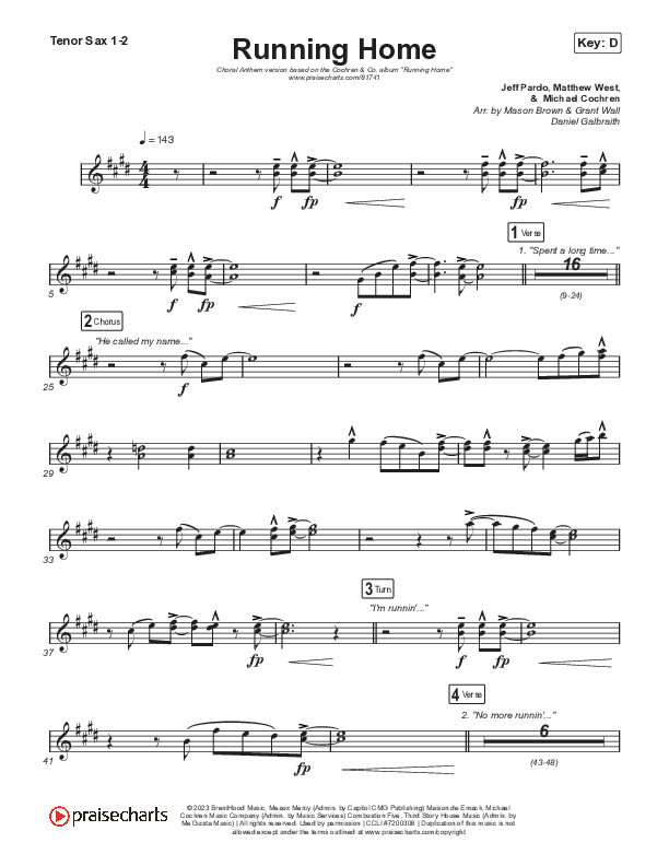 Running Home (Choral Anthem SATB) Tenor Sax 1,2 (Cochren & Co / Arr. Mason Brown)