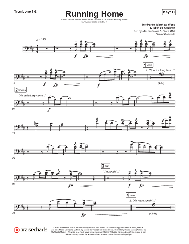 Running Home (Choral Anthem SATB) Trombone 1,2 (Cochren & Co / Arr. Mason Brown)