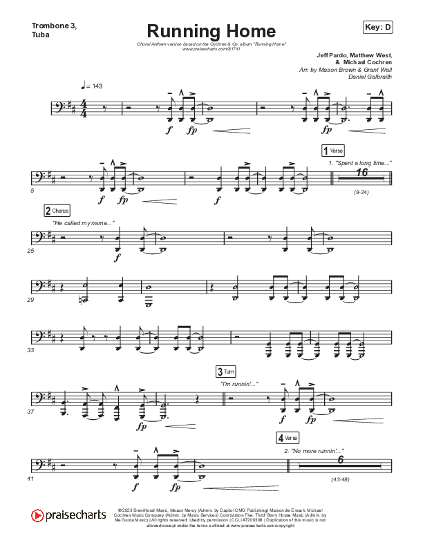 Running Home (Choral Anthem SATB) Trombone 3/Tuba (Cochren & Co / Arr. Mason Brown)