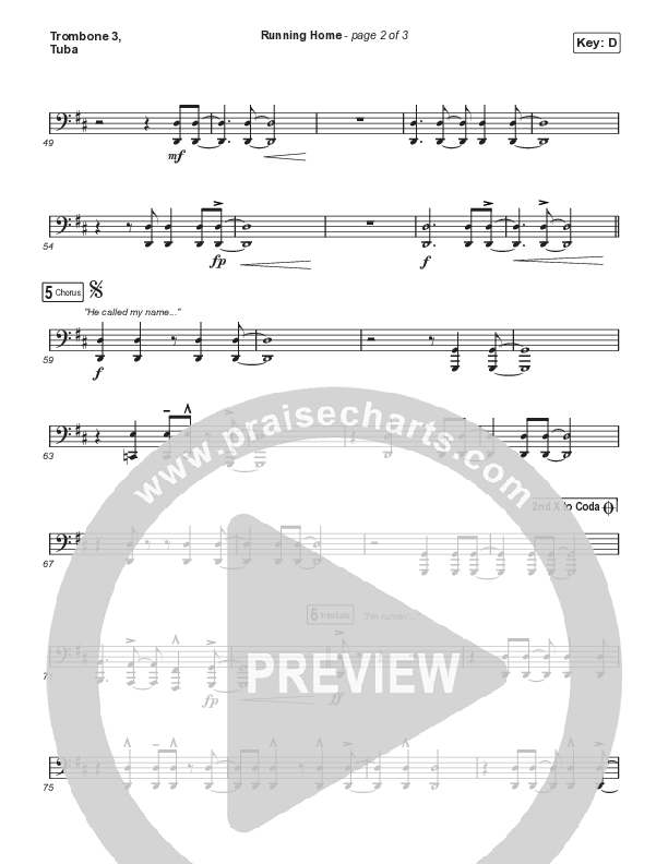 Running Home (Choral Anthem SATB) Trombone 3/Tuba (Cochren & Co / Arr. Mason Brown)