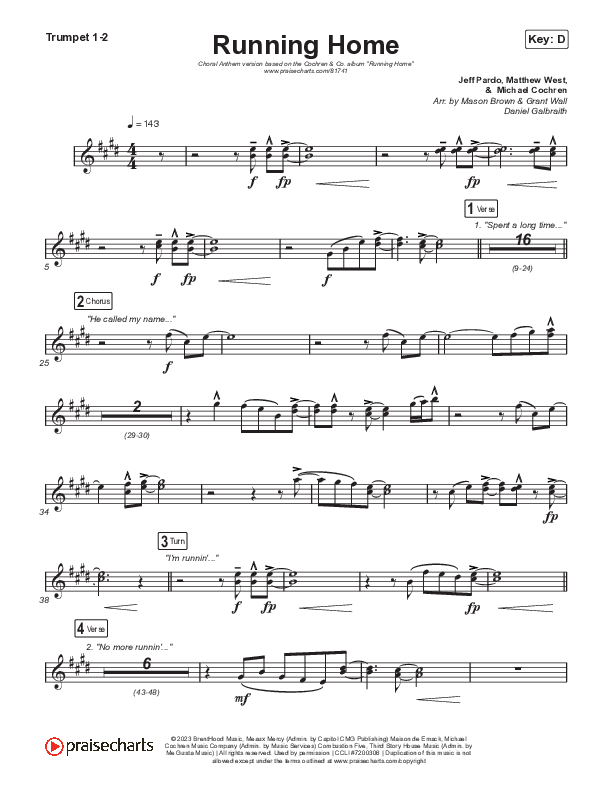Running Home (Choral Anthem SATB) Trumpet 1,2 (Cochren & Co / Arr. Mason Brown)