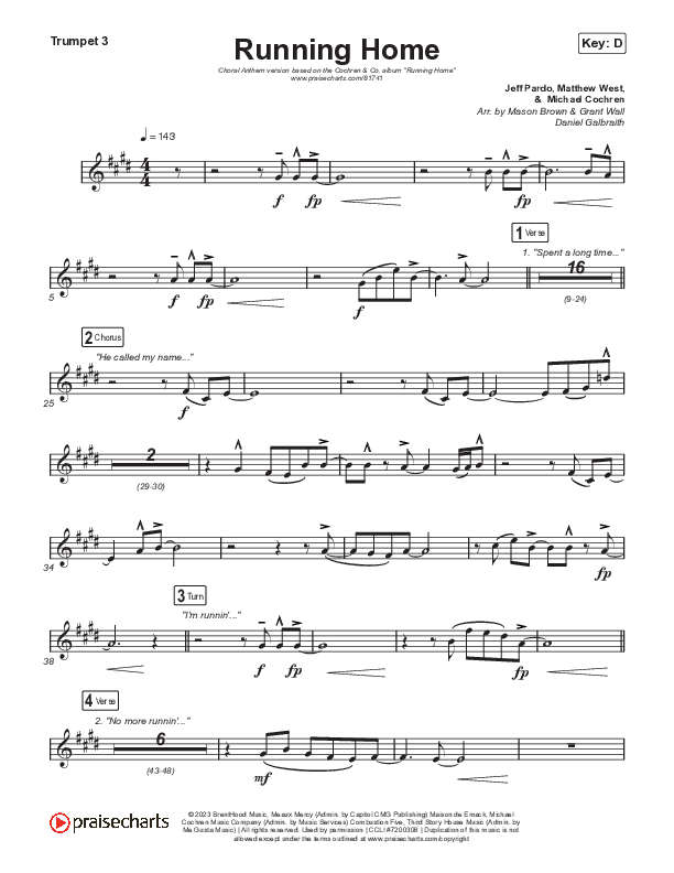 Running Home (Choral Anthem SATB) Trumpet 3 (Cochren & Co / Arr. Mason Brown)