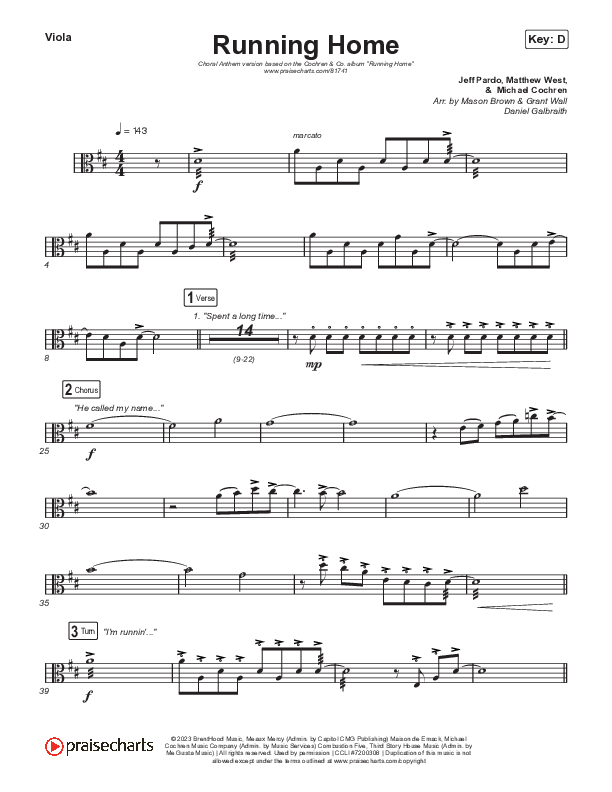 Running Home (Choral Anthem SATB) Viola (Cochren & Co / Arr. Mason Brown)