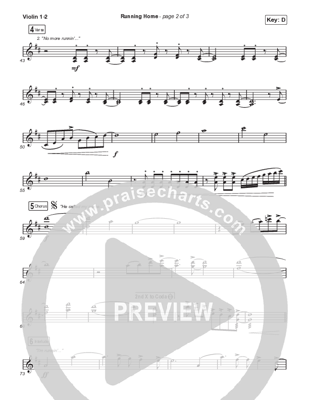 Running Home (Choral Anthem SATB) Violin 1,2 (Cochren & Co / Arr. Mason Brown)