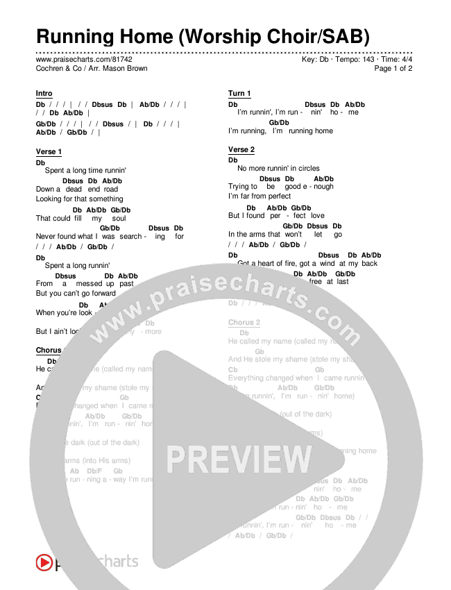 Running Home (Worship Choir/SAB) Chords & Lyrics (Cochren & Co / Arr. Mason Brown)