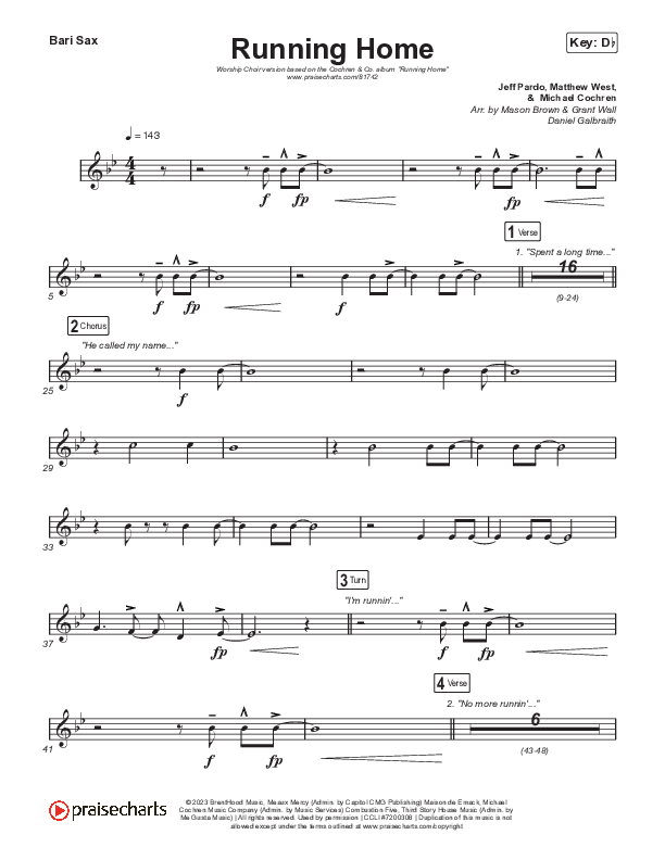 Running Home (Worship Choir/SAB) Bari Sax (Cochren & Co / Arr. Mason Brown)