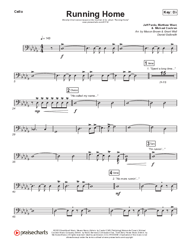 Running Home (Worship Choir/SAB) Cello (Cochren & Co / Arr. Mason Brown)