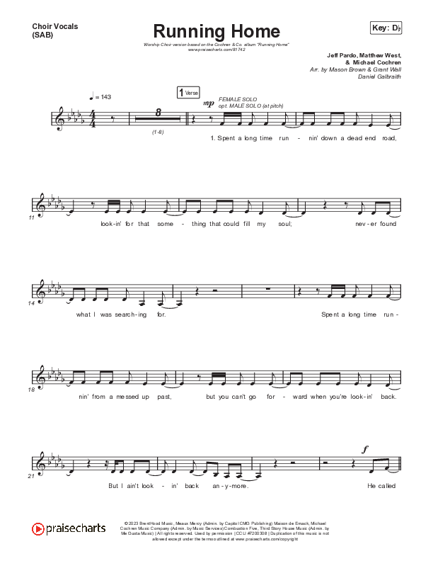 Running Home (Worship Choir/SAB) Choir Sheet (SAB) (Cochren & Co / Arr. Mason Brown)