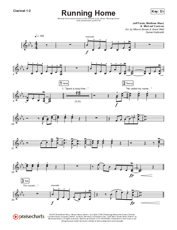 Running Home (Worship Choir/SAB) Clarinet 1/2 (Cochren & Co / Arr. Mason Brown)