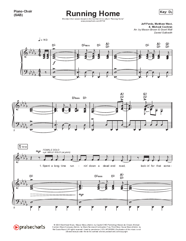 Running Home (Worship Choir/SAB) Piano/Choir (SAB) (Cochren & Co / Arr. Mason Brown)