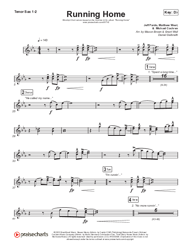 Running Home (Worship Choir/SAB) Tenor Sax 1/2 (Cochren & Co / Arr. Mason Brown)