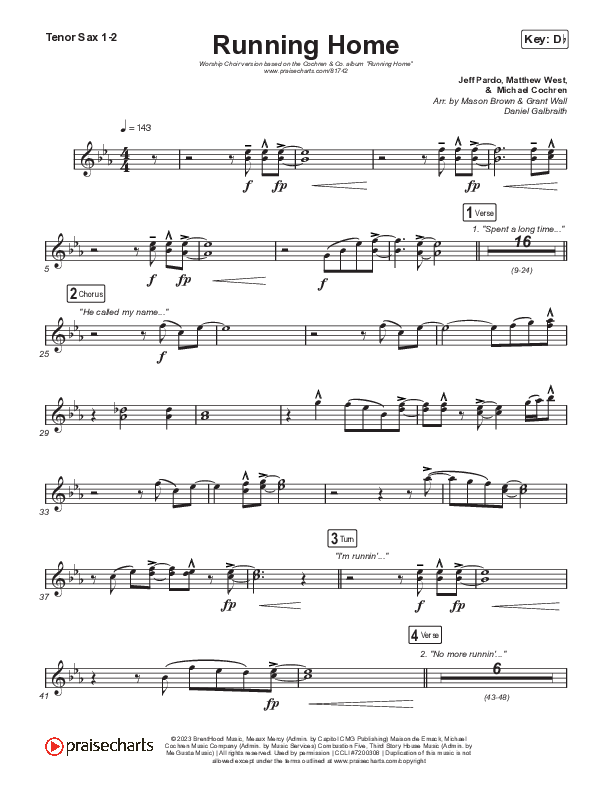Running Home (Worship Choir/SAB) Tenor Sax 1/2 (Cochren & Co / Arr. Mason Brown)