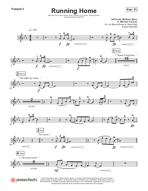 Running Home (Worship Choir/SAB) Trumpet 3 (Cochren & Co / Arr. Mason Brown)