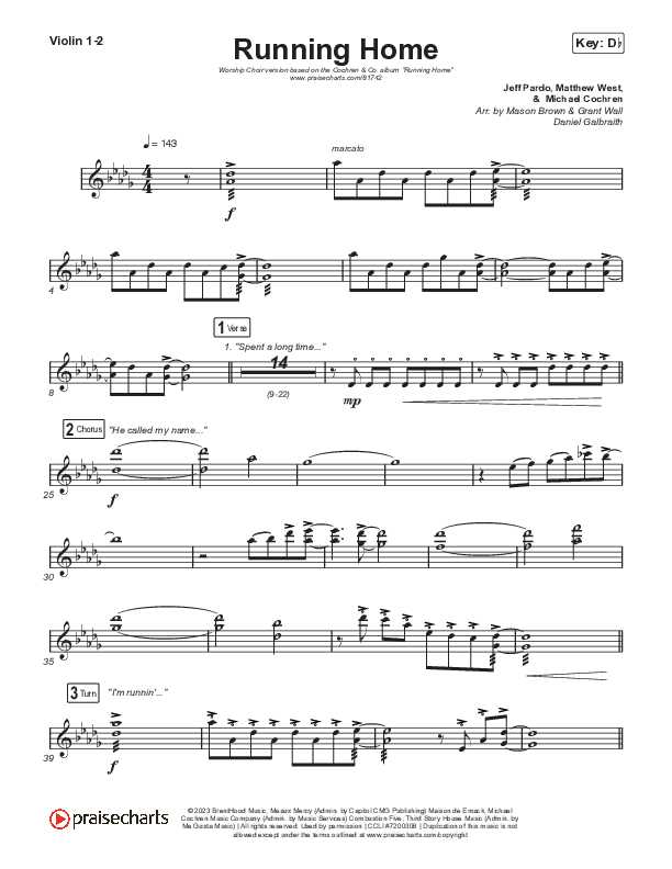 Running Home (Worship Choir/SAB) Violin 1/2 (Cochren & Co / Arr. Mason Brown)