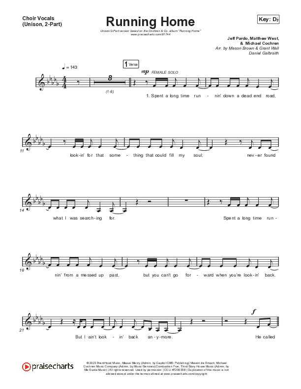 Running Home (Unison/2-Part) Choir Vocals (Uni/2-Part) (Cochren & Co / Arr. Mason Brown)
