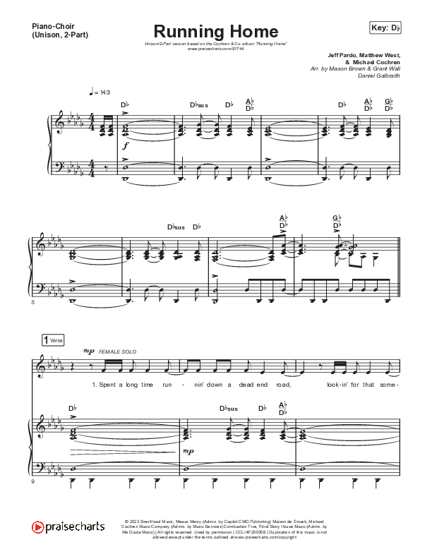 Running Home (Unison/2-Part) Piano/Choir  (Uni/2-Part) (Cochren & Co / Arr. Mason Brown)
