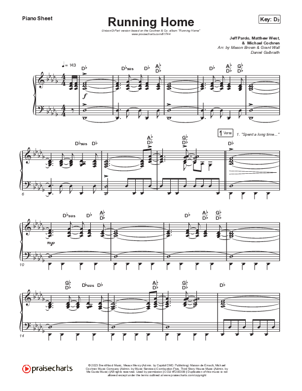 Running Home (Unison/2-Part) Piano Sheet (Cochren & Co / Arr. Mason Brown)