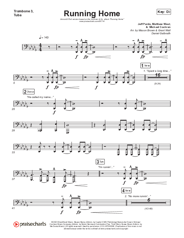 Running Home (Unison/2-Part) Trombone 3/Tuba (Cochren & Co / Arr. Mason Brown)