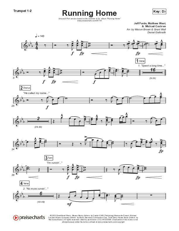 Running Home (Unison/2-Part) Trumpet 1,2 (Cochren & Co / Arr. Mason Brown)