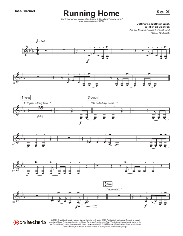 Running Home (Sing It Now) Bass Clarinet (Cochren & Co / Arr. Mason Brown)