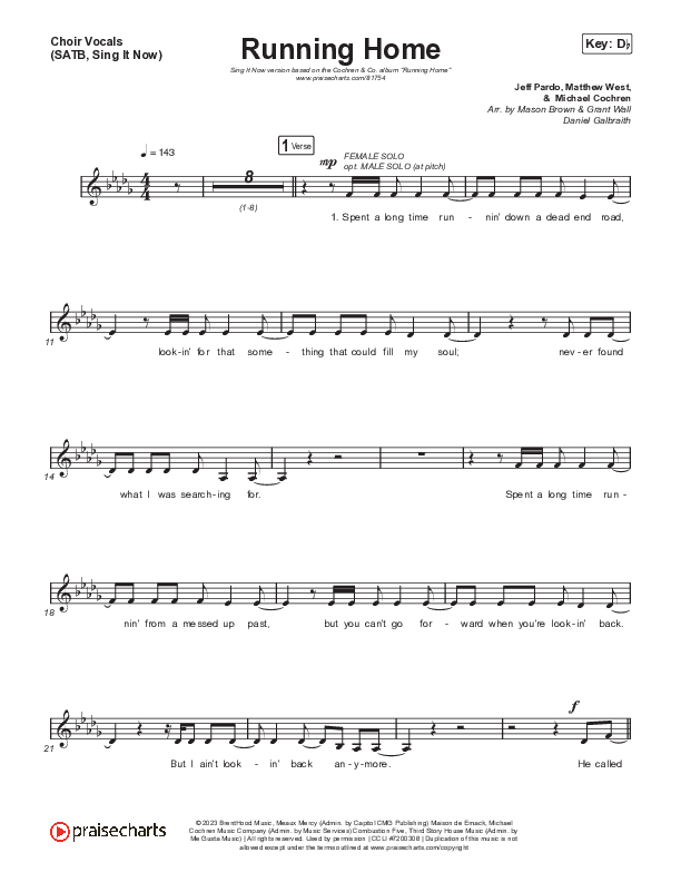 Running Home (Sing It Now) Choir Sheet (SATB) (Cochren & Co / Arr. Mason Brown)