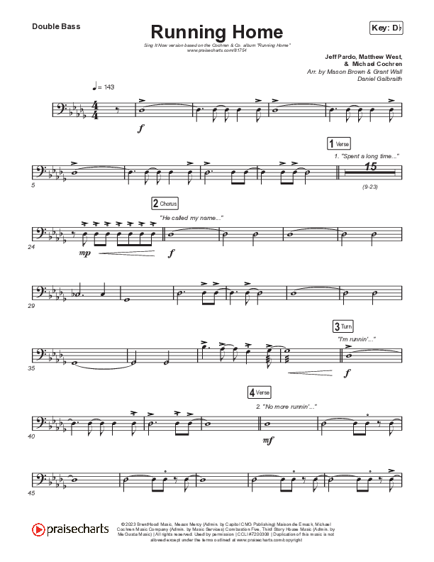 Running Home (Sing It Now) Double Bass (Cochren & Co / Arr. Mason Brown)