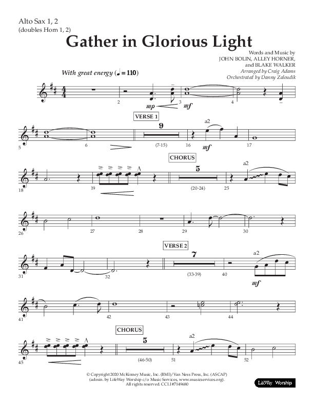 Gather In Glorious Light (Choral Anthem SATB) Alto Sax 1/2 (Lifeway Choral / Arr. Craig Adams / Orch. Danny Zaloudik)