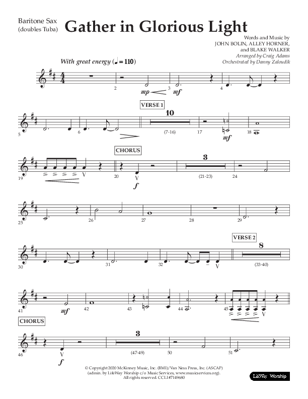 Gather In Glorious Light (Choral Anthem SATB) Bari Sax (Lifeway Choral / Arr. Craig Adams / Orch. Danny Zaloudik)