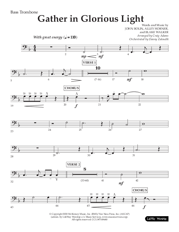 Gather In Glorious Light (Choral Anthem SATB) Bass Trombone (Lifeway Choral / Arr. Craig Adams / Orch. Danny Zaloudik)