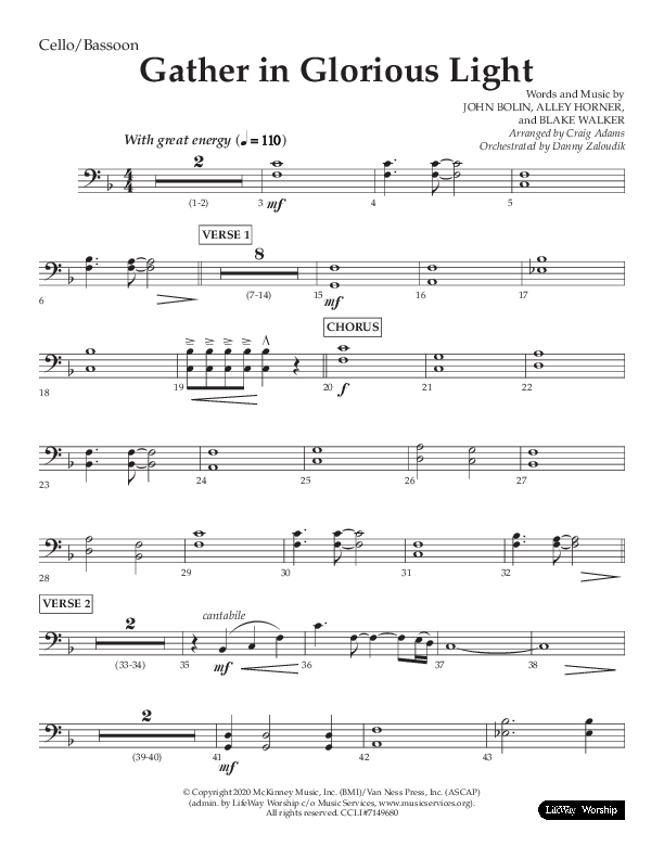 Gather In Glorious Light (Choral Anthem SATB) Cello (Lifeway Choral / Arr. Craig Adams / Orch. Danny Zaloudik)