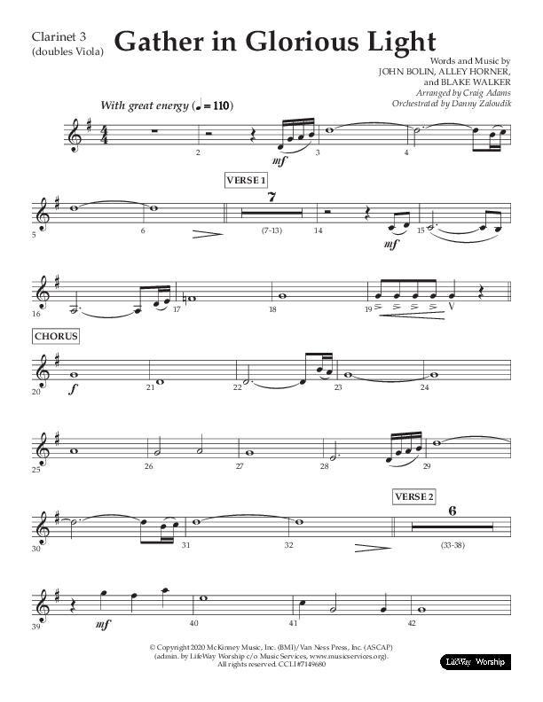 Gather In Glorious Light (Choral Anthem SATB) Clarinet 3 (Lifeway Choral / Arr. Craig Adams / Orch. Danny Zaloudik)