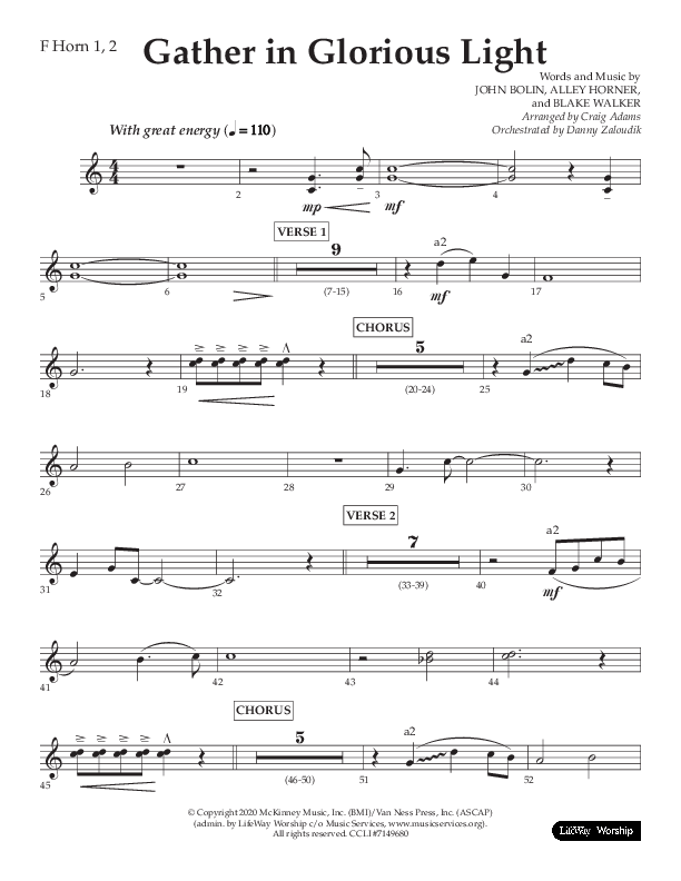Gather In Glorious Light (Choral Anthem SATB) French Horn 1/2 (Lifeway Choral / Arr. Craig Adams / Orch. Danny Zaloudik)