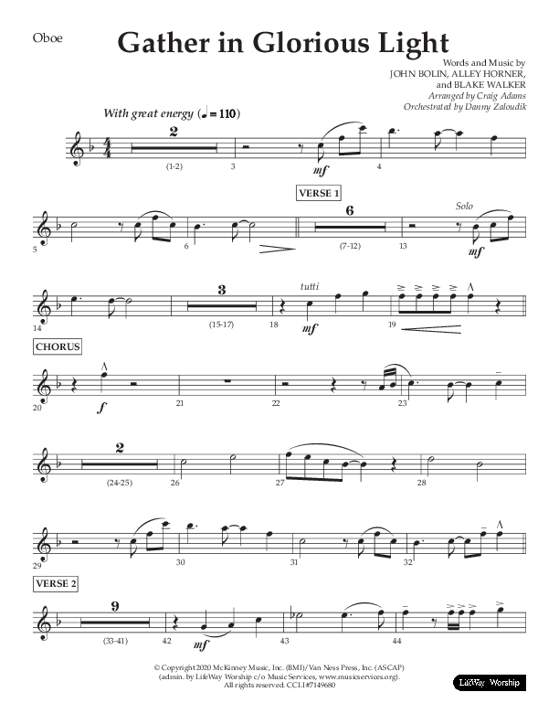Gather In Glorious Light (Choral Anthem SATB) Oboe (Lifeway Choral / Arr. Craig Adams / Orch. Danny Zaloudik)