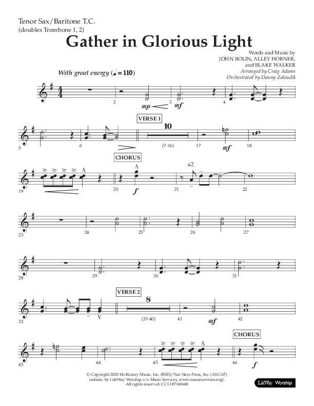 Gather In Glorious Light (Choral Anthem SATB) Tenor Sax/Baritone T.C. (Lifeway Choral / Arr. Craig Adams / Orch. Danny Zaloudik)