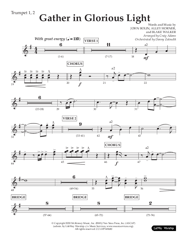 Gather In Glorious Light (Choral Anthem SATB) Trumpet 1,2 (Lifeway Choral / Arr. Craig Adams / Orch. Danny Zaloudik)