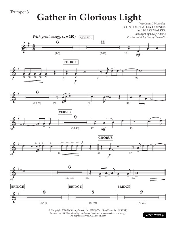 Gather In Glorious Light (Choral Anthem SATB) Trumpet 3 (Lifeway Choral / Arr. Craig Adams / Orch. Danny Zaloudik)