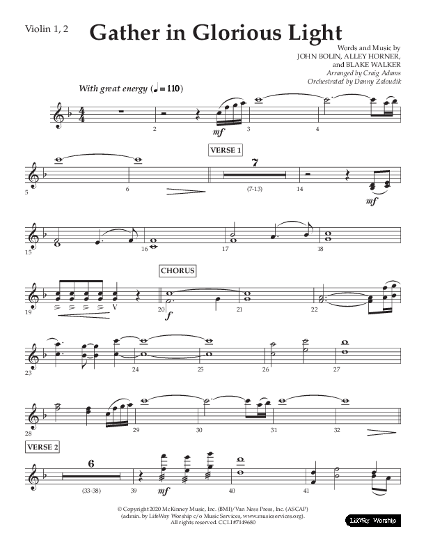 Gather In Glorious Light (Choral Anthem SATB) Violin 1/2 (Lifeway Choral / Arr. Craig Adams / Orch. Danny Zaloudik)