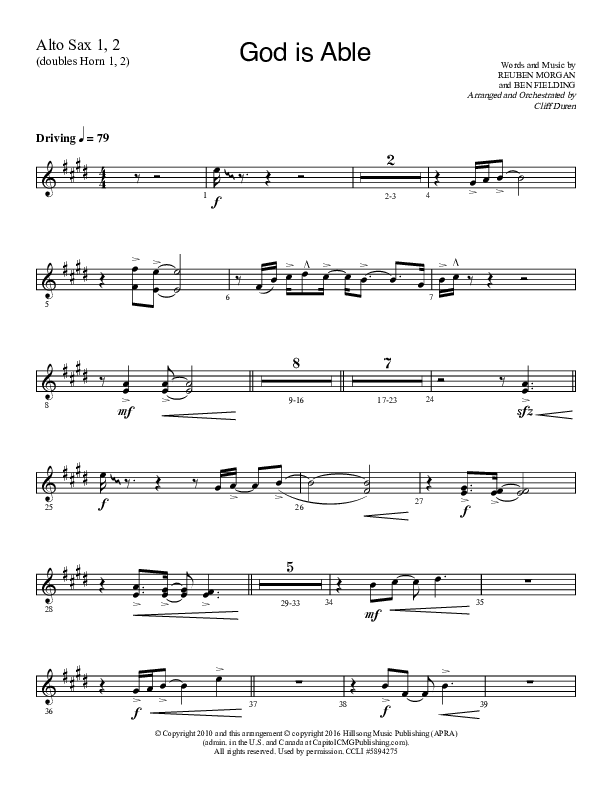 God Is Able (Choral Anthem SATB) Alto Sax 1/2 (Lifeway Choral / Arr. Cliff Duren)