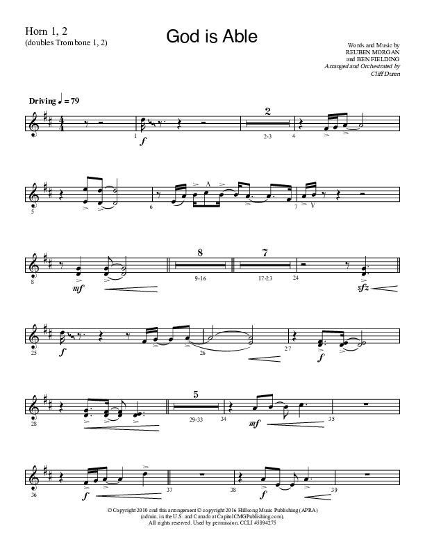 God Is Able (Choral Anthem SATB) French Horn 1/2 (Lifeway Choral / Arr. Cliff Duren)