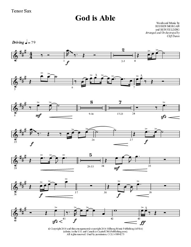 God Is Able (Choral Anthem SATB) Tenor Sax 1 (Lifeway Choral / Arr. Cliff Duren)