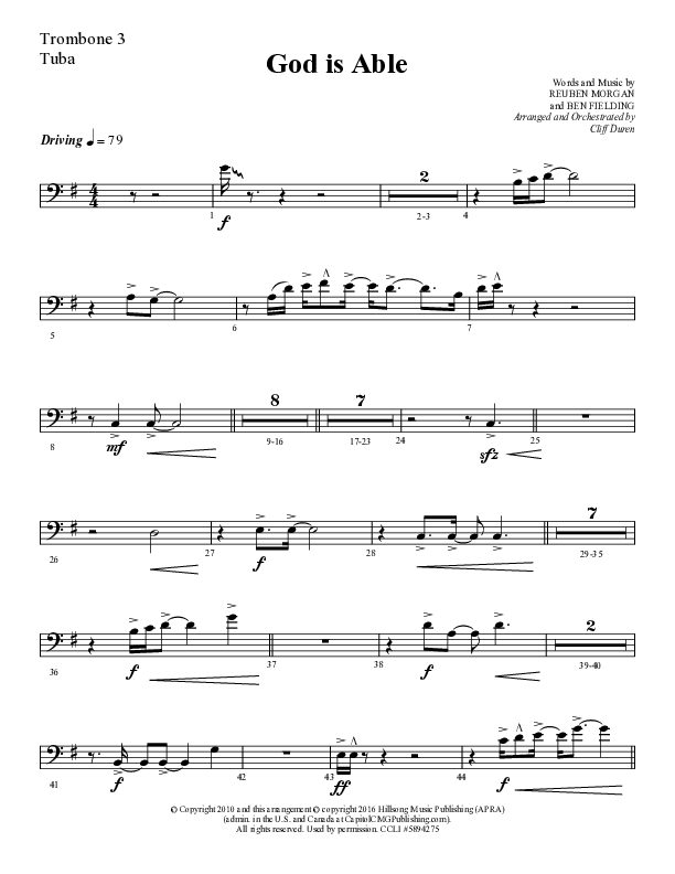 God Is Able (Choral Anthem SATB) Trombone 3/Tuba (Lifeway Choral / Arr. Cliff Duren)
