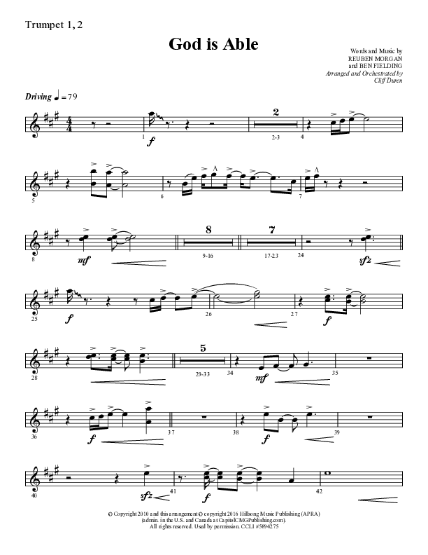 God Is Able (Choral Anthem SATB) Trumpet 1,2 (Lifeway Choral / Arr. Cliff Duren)