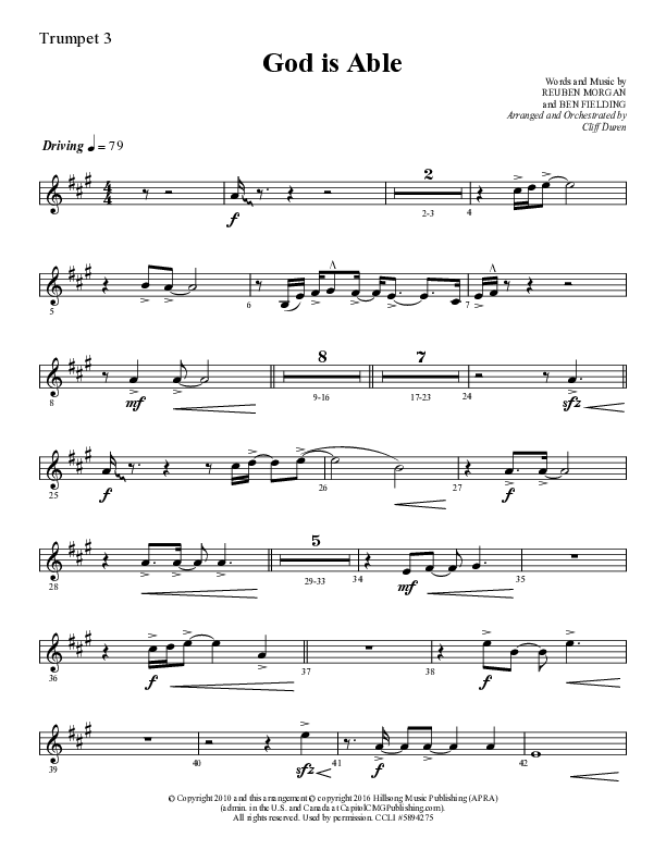 God Is Able (Choral Anthem SATB) Trumpet 3 (Lifeway Choral / Arr. Cliff Duren)
