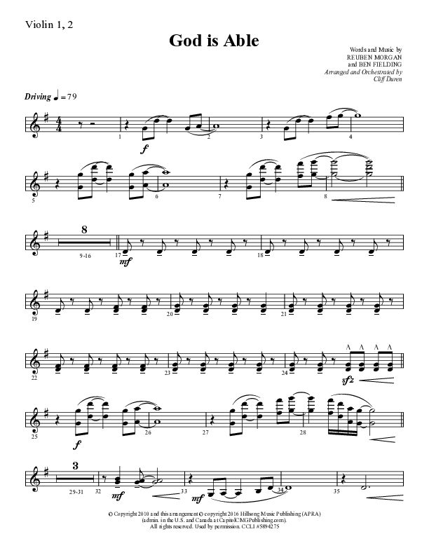 God Is Able (Choral Anthem SATB) Violin 1/2 (Lifeway Choral / Arr. Cliff Duren)