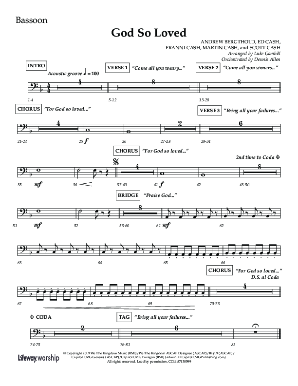 God So Loved (Choir Edition / Sing It Now) Bassoon (Lifeway Choral / Arr. Luke Gambill / Orch. Dennis Allen)