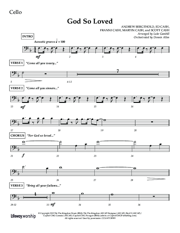 God So Loved (Choir Edition / Sing It Now) Cello (Lifeway Choral / Arr. Luke Gambill / Orch. Dennis Allen)