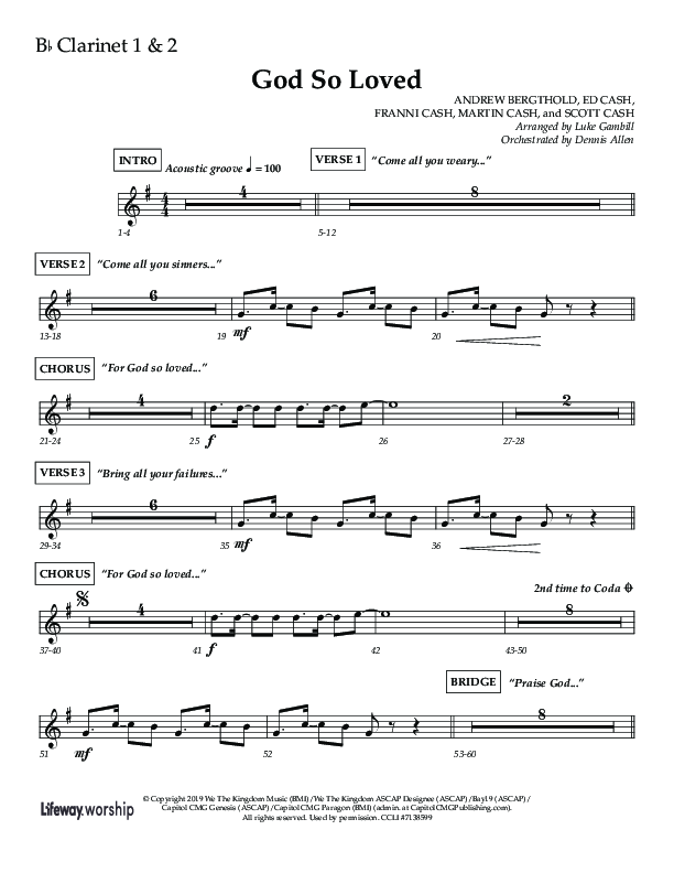 God So Loved (Choir Edition / Sing It Now) Clarinet 1/2 (Lifeway Choral / Arr. Luke Gambill / Orch. Dennis Allen)