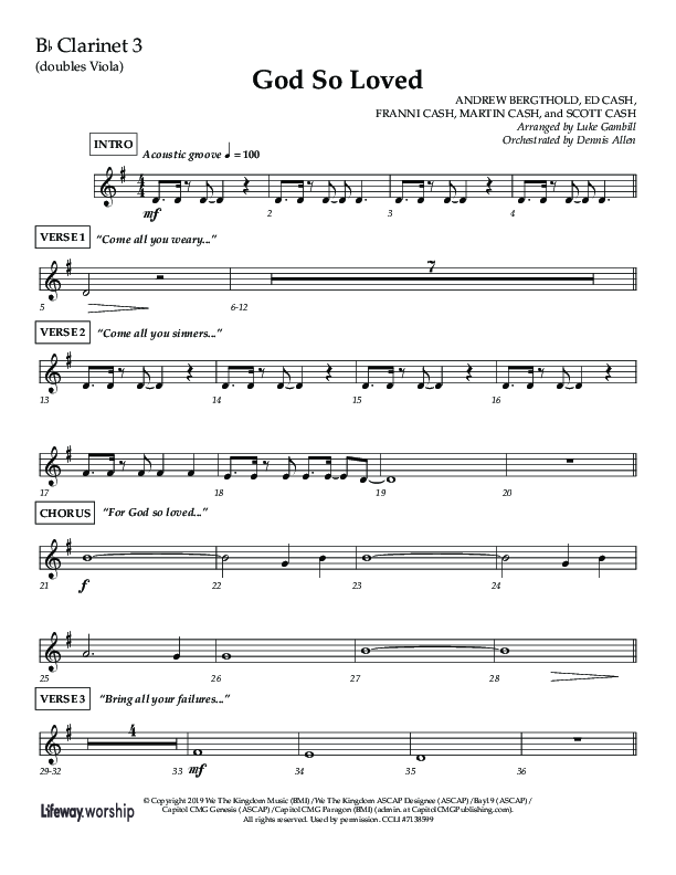 God So Loved (Choir Edition / Sing It Now) Clarinet 3 (Lifeway Choral / Arr. Luke Gambill / Orch. Dennis Allen)