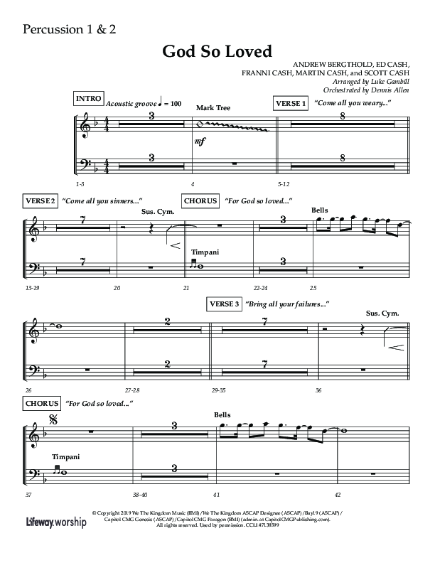 God So Loved (Choir Edition / Sing It Now) Percussion 1/2 (Lifeway Choral / Arr. Luke Gambill / Orch. Dennis Allen)